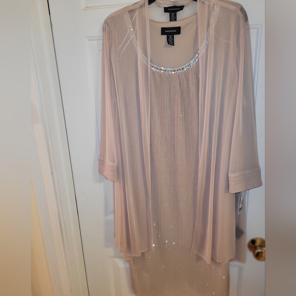 R&M Richard 2 Piece Champagne Sparkle dress & sheer Cover up Wedding Occasion